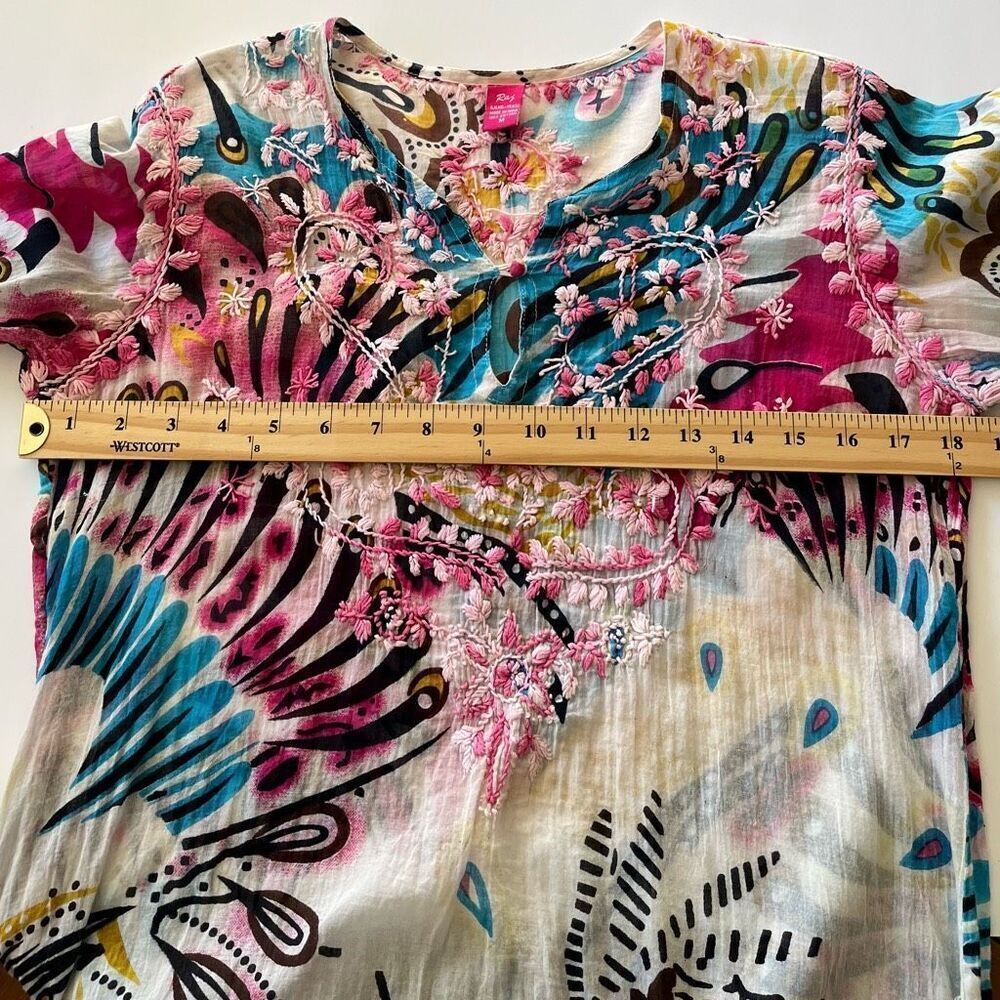 Raj Embroidered Cotton Tunic Women Medium Boho Chic Lightweight Dress Swim Cover - Picture 10 of 13